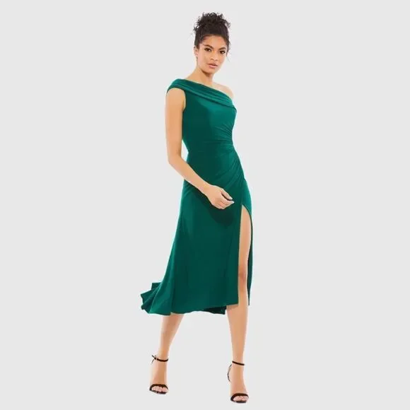 MAC DUGGAL 26484 Womens Green Ruched Off-The-Shoulder Midi Dress - Picture 2 of 14